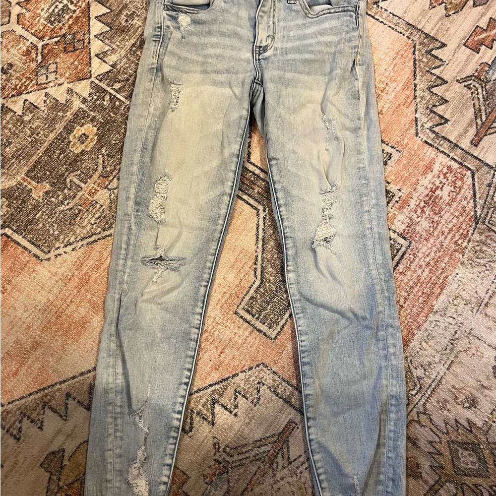 American Eagle Outfitters Blue Skinny Jeans with Distressed Details